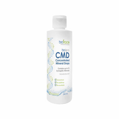 BioTrace CMD Concentrated Mineral Drops - 240ml bottle showing mineral blend with natural source, bio-available and additive-free label.