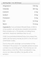 Supplement facts for CMD Concentrated Mineral Drops - 120ml showing minerals per 1 ml serving including magnesium, chloride, calcium, and more.