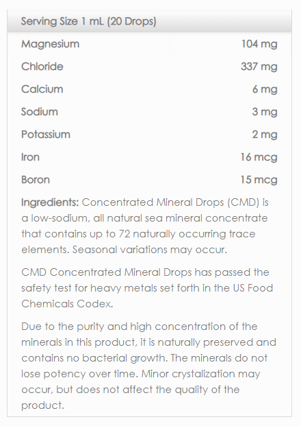 Supplement facts for CMD Concentrated Mineral Drops - 120ml showing minerals per 1 ml serving including magnesium, chloride, calcium, and more.