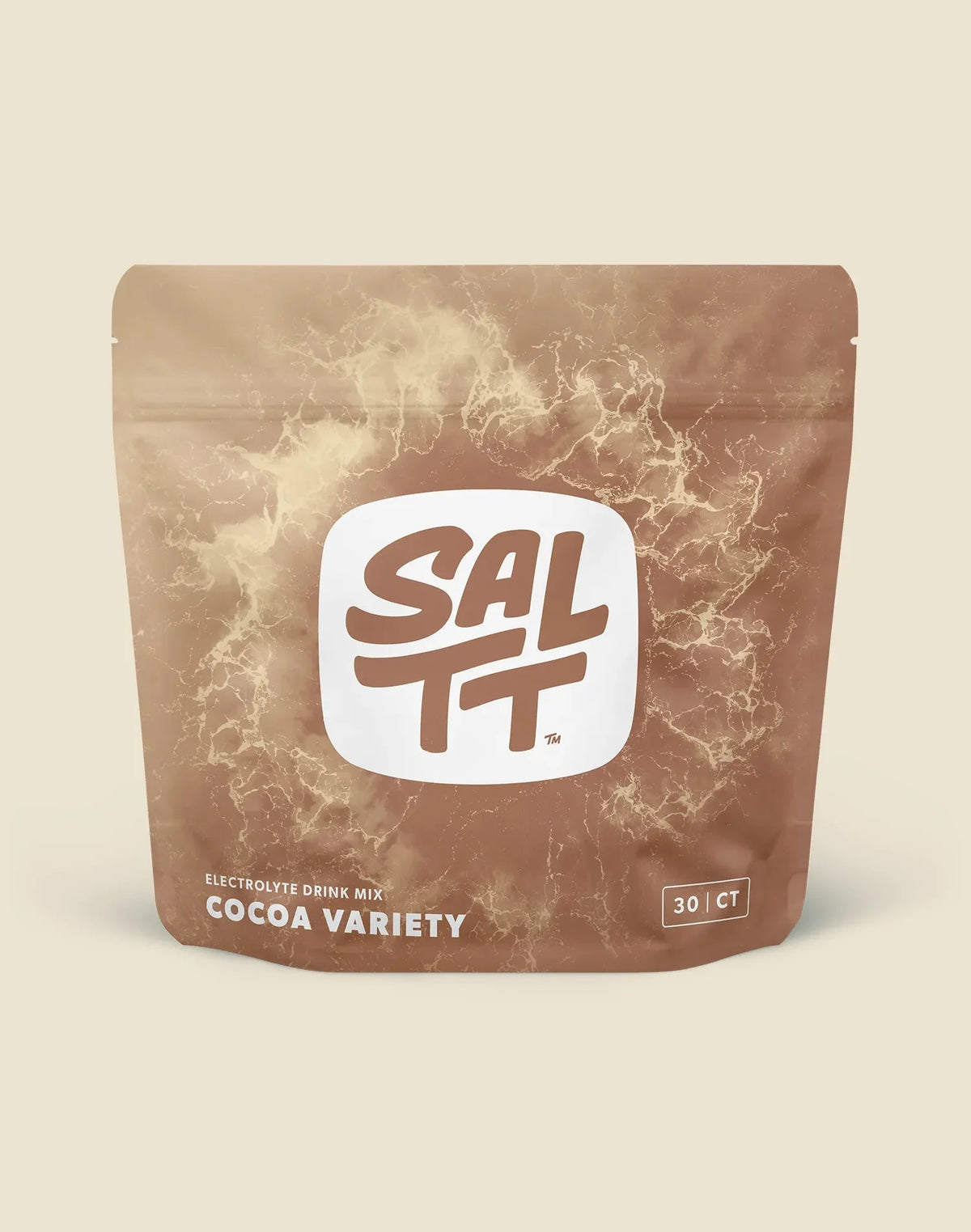 Cocoa Variety Electrolyte Drink Mix - 30 Sticks by SALTT in brown resealable pouch with white logo and storm graphic background