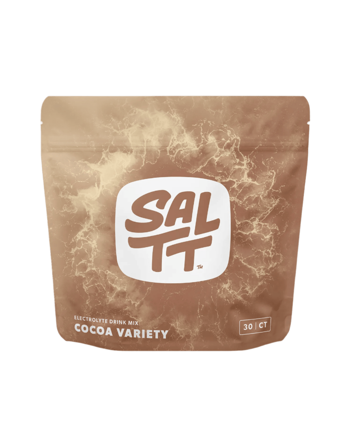 Brown resealable pouch of Cocoa Variety Electrolyte Drink Mix - 30 Sticks by SALTT with white logo and lightning design