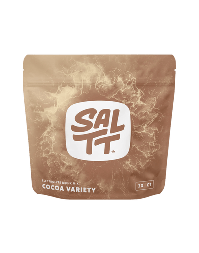 Brown resealable pouch of Cocoa Variety Electrolyte Drink Mix - 30 Sticks by SALTT with white logo and lightning design