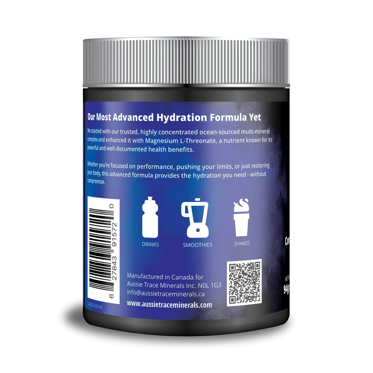 Back label of Complete Ocean Electrolyte Powder - 60 servings by Aussie Trace Minerals showing hydration formula and usage icons for drinks, smoothies, shakes