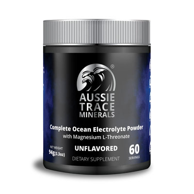 Complete Ocean Electrolyte Powder - 60 servings by Aussie Trace Minerals in black container with silver lid, unflavored formula