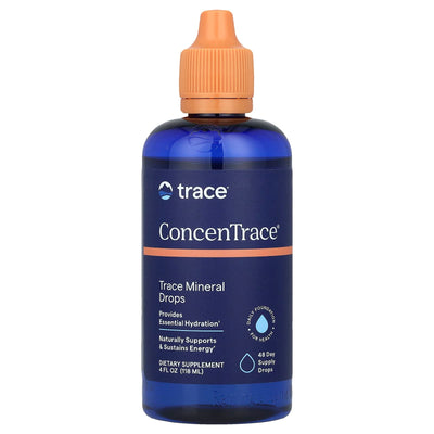 ConcenTrace - Trace Mineral Drops - 118ml in blue bottle with orange dropper, supporting hydration and energy by Trace Minerals
