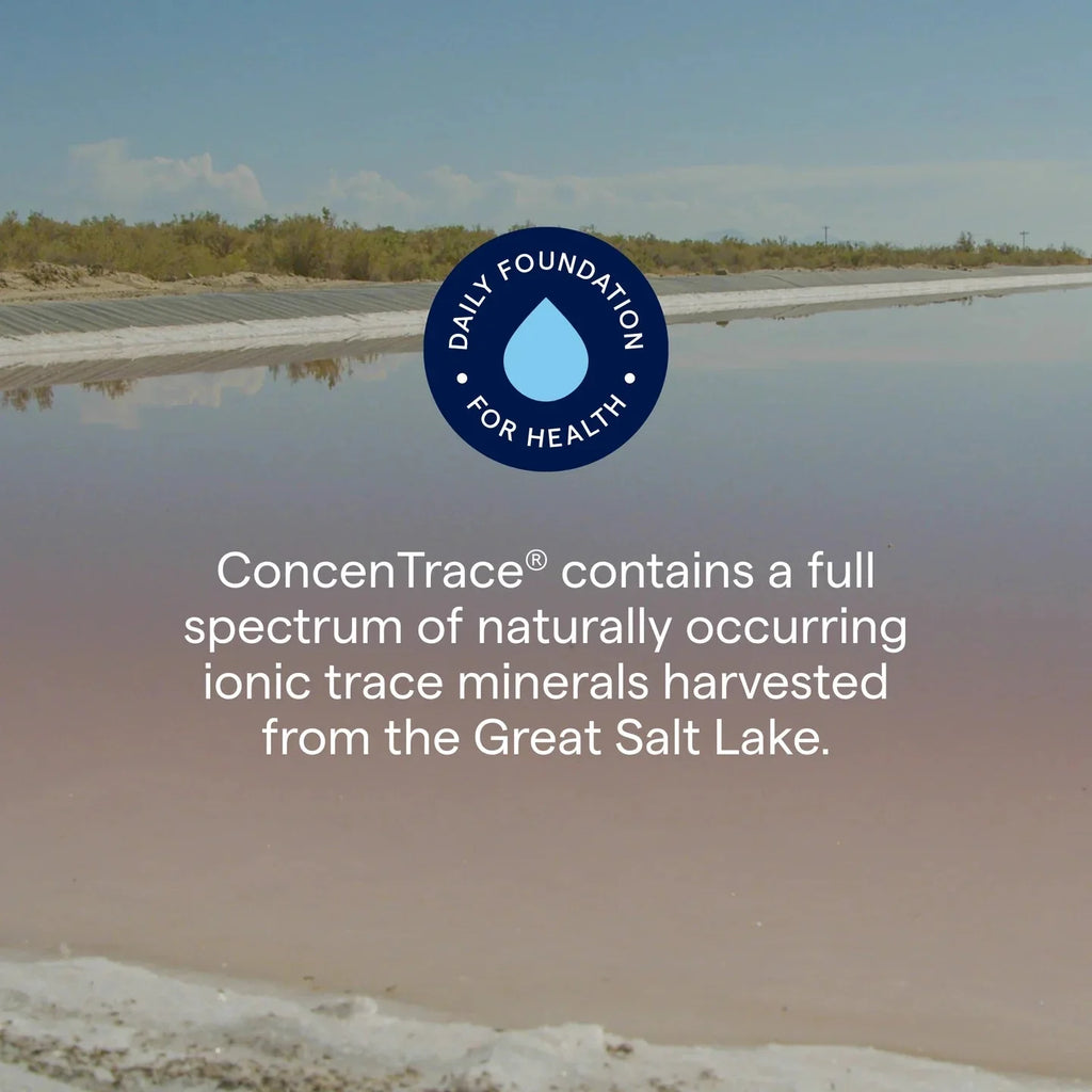 Scenic view of the Great Salt Lake with text about ConcenTrace - Trace Mineral Drops - 118ml and trace minerals harvest.