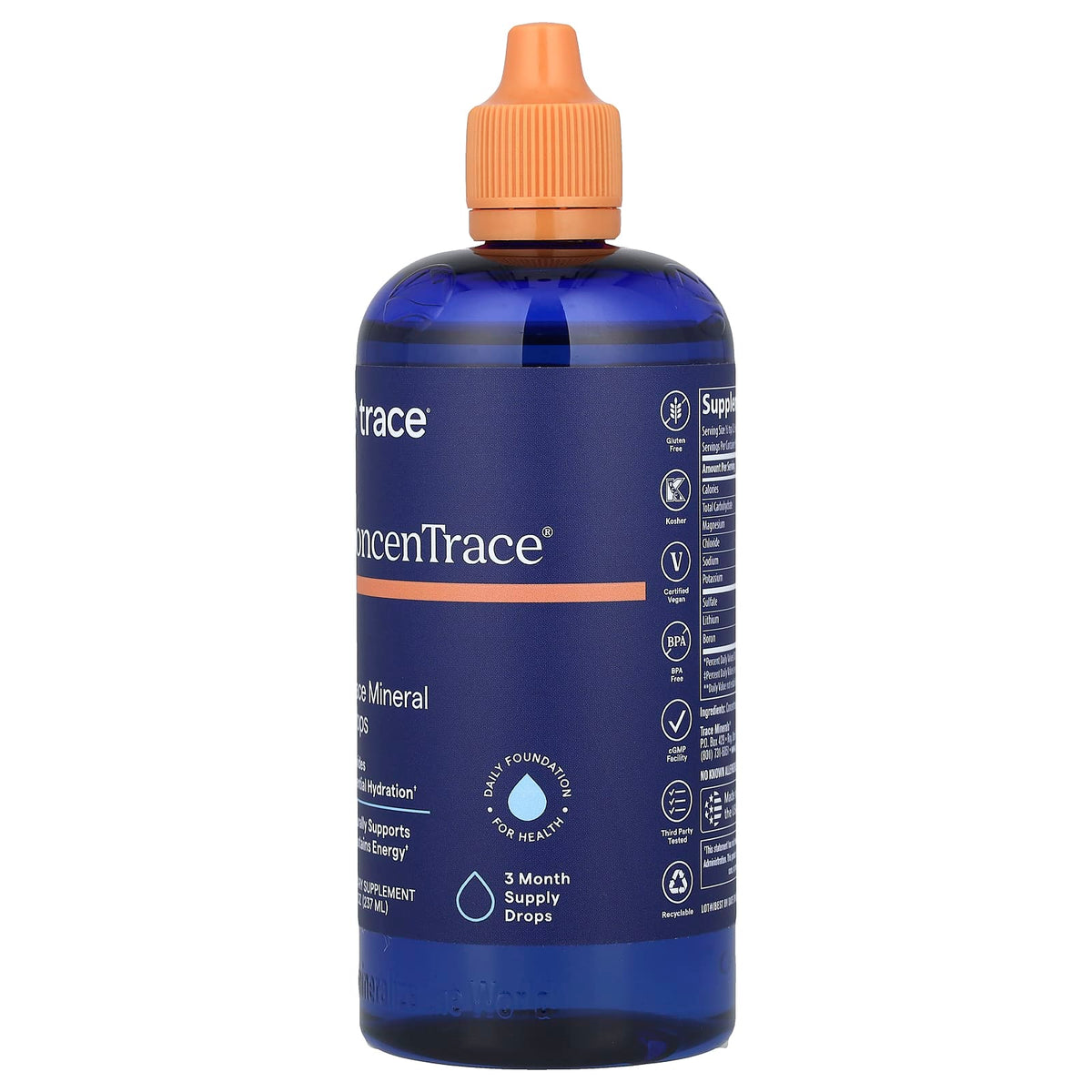 ConcenTrace - Trace Mineral Drops - 237ml in blue bottle with orange cap by Trace Minerals for electrolytes and low carb diets