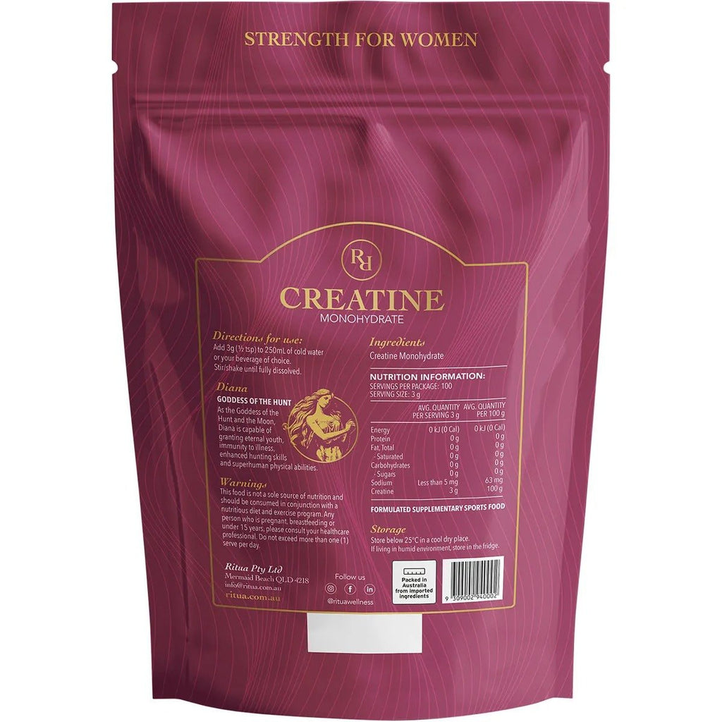 Back of Ritua Creatine For Women - 300g pouch in deep pink with gold text showing directions, ingredients, and nutrition details.