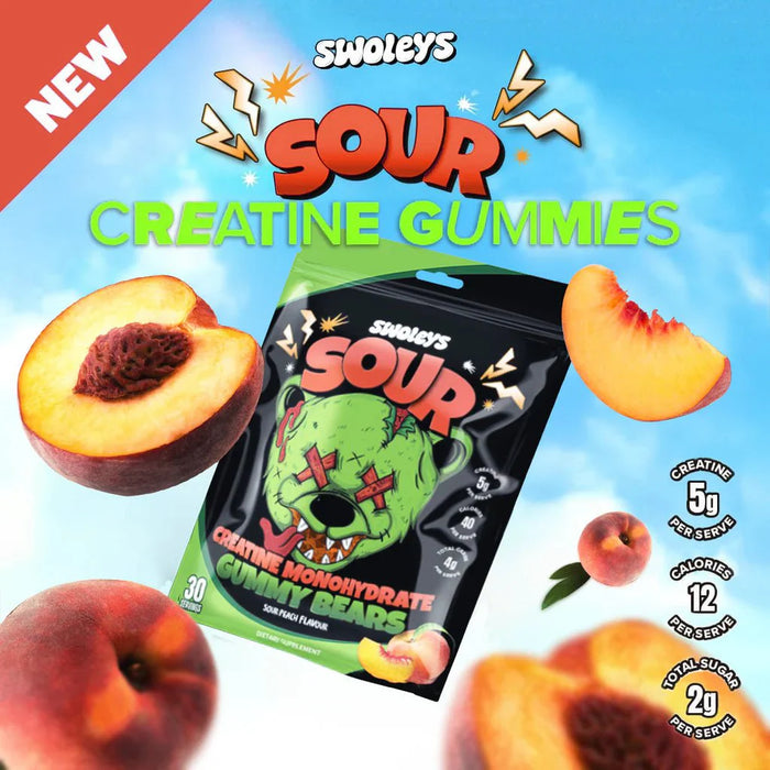 Creatine Gummy Bears - Sour Peach by Swoleys with 5g creatine, low carb, keto-friendly sour peach gummies in vibrant packaging
