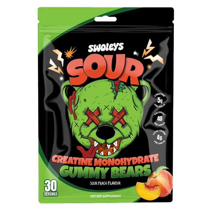 Swoleys Creatine Gummy Bears - Sour Peach with 5g creatine, low carb, keto-friendly supplement in sour peach flavor.