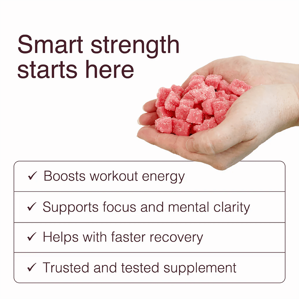 Hand holding Swoleys Creatine Gummy Bears - Sour Watermelon with benefits for energy, focus, recovery, and strength support