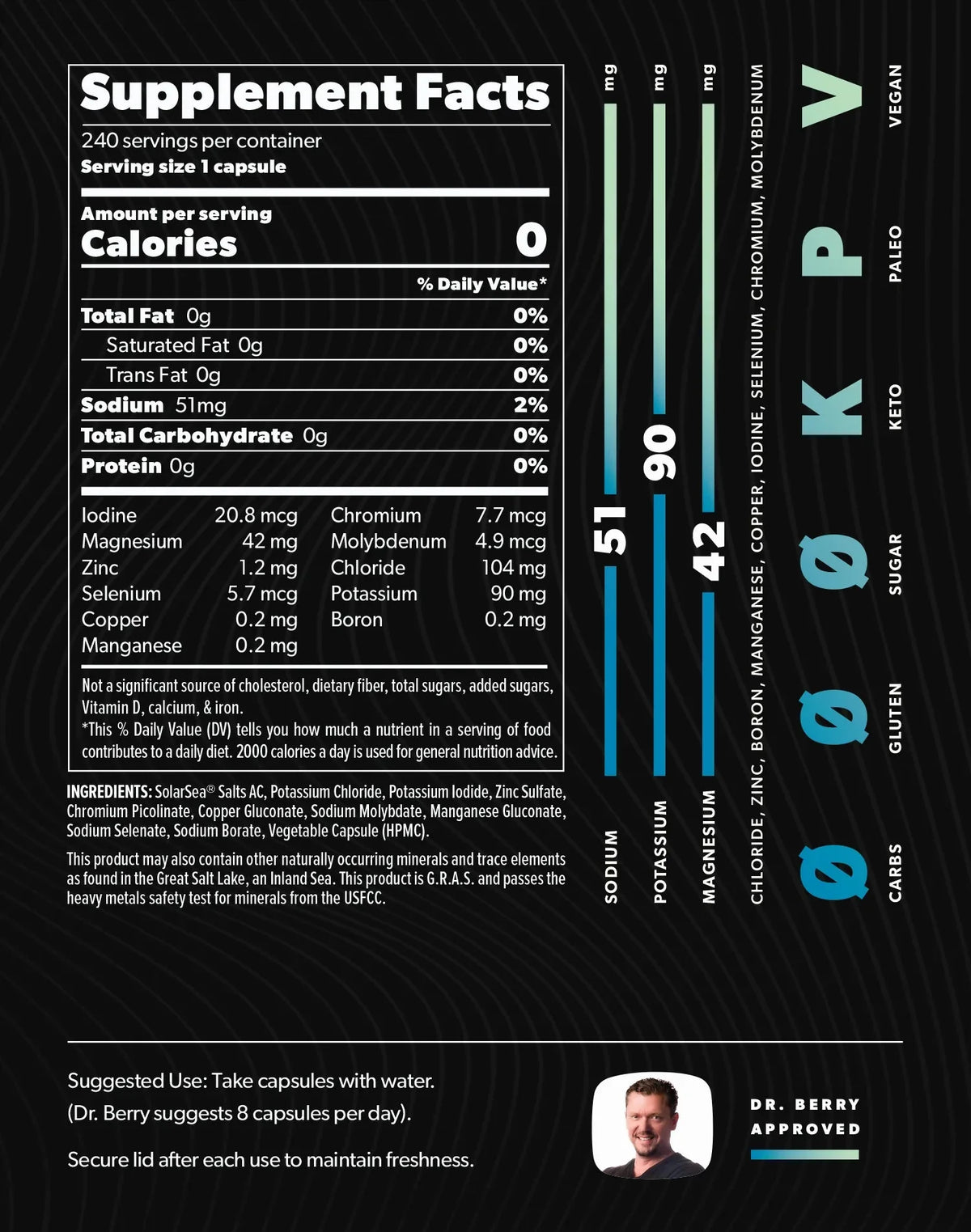 Supplement facts for Daily - Electrolytes + Minerals - 240 Caps by SALTT featuring mineral content, keto, paleo, vegan, low carb benefits.