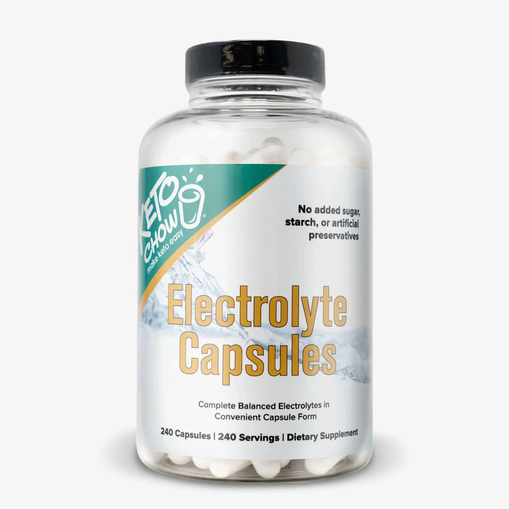 Clear bottle of Keto Chow Electrolyte Capsules - 240 Serves with white capsules and label highlighting balanced electrolytes and no added sugar
