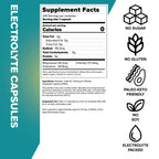 Supplement facts label for Electrolyte Capsules - 240 Serves showing nutrients, keto-friendly and allergen-free icons.
