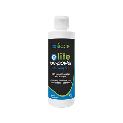 Elite Ion-Power Electrolytes liquid supplement by BioTrace in white bottle with black and blue label, 240ml size