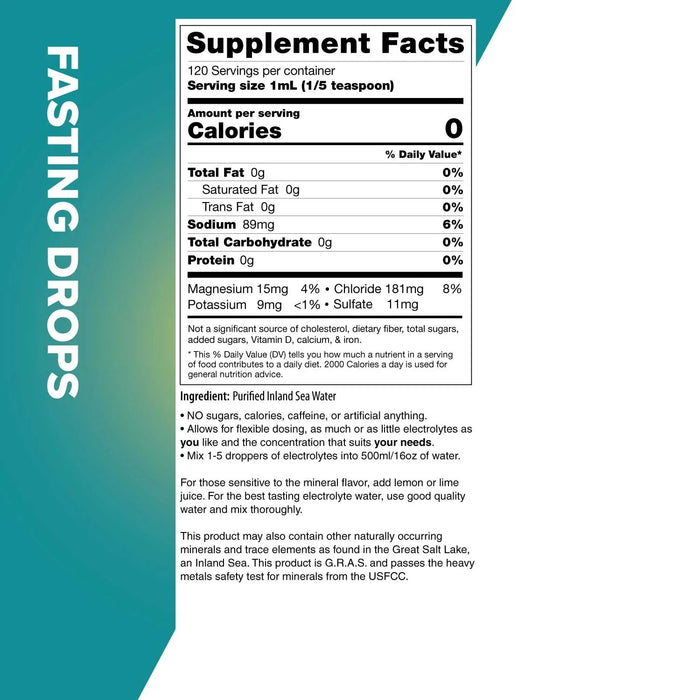 Fasting Drops - 120ml supplement facts label detailing minerals and electrolytes content with ingredient and usage instructions.