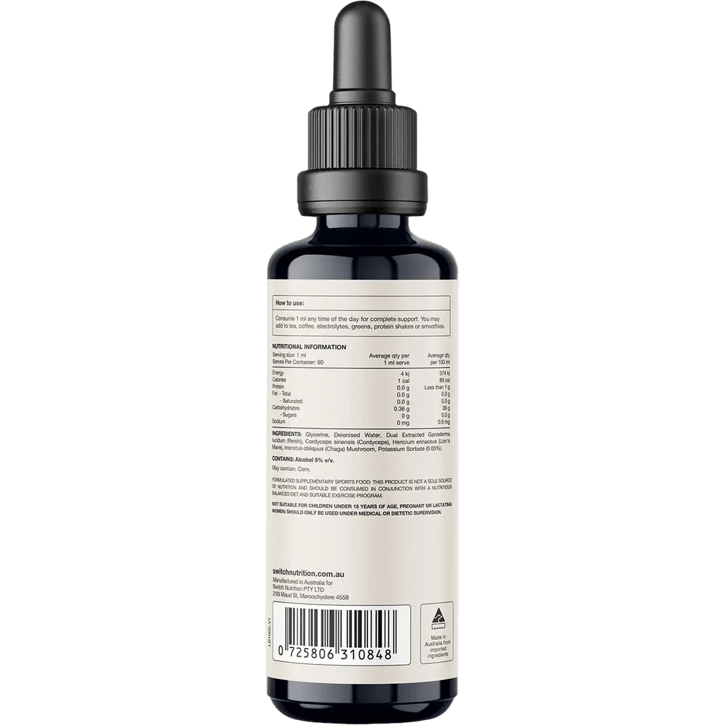 Back view of Switch Nutrition Four Blend Double Strength 2:1 Mushroom Liquid Extract - 60ml showing nutritional facts, ingredients, and usage instructions for keto and low carb support.