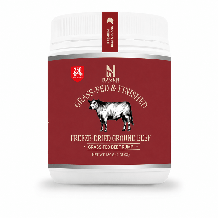 A white plastic tub of Nxsen Premium Beef Goulash with a deep red label featuring a black and white cow illustration and text reading 'Grass-Fed & Finished Freeze-Dried Ground Beef'.