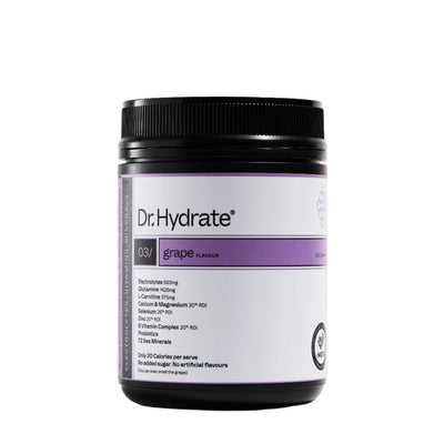 Dr. Hydrate Grape Jar - 30 Serves electrolyte mix in black container with purple label, part of Drinks and Low Carb collections.
