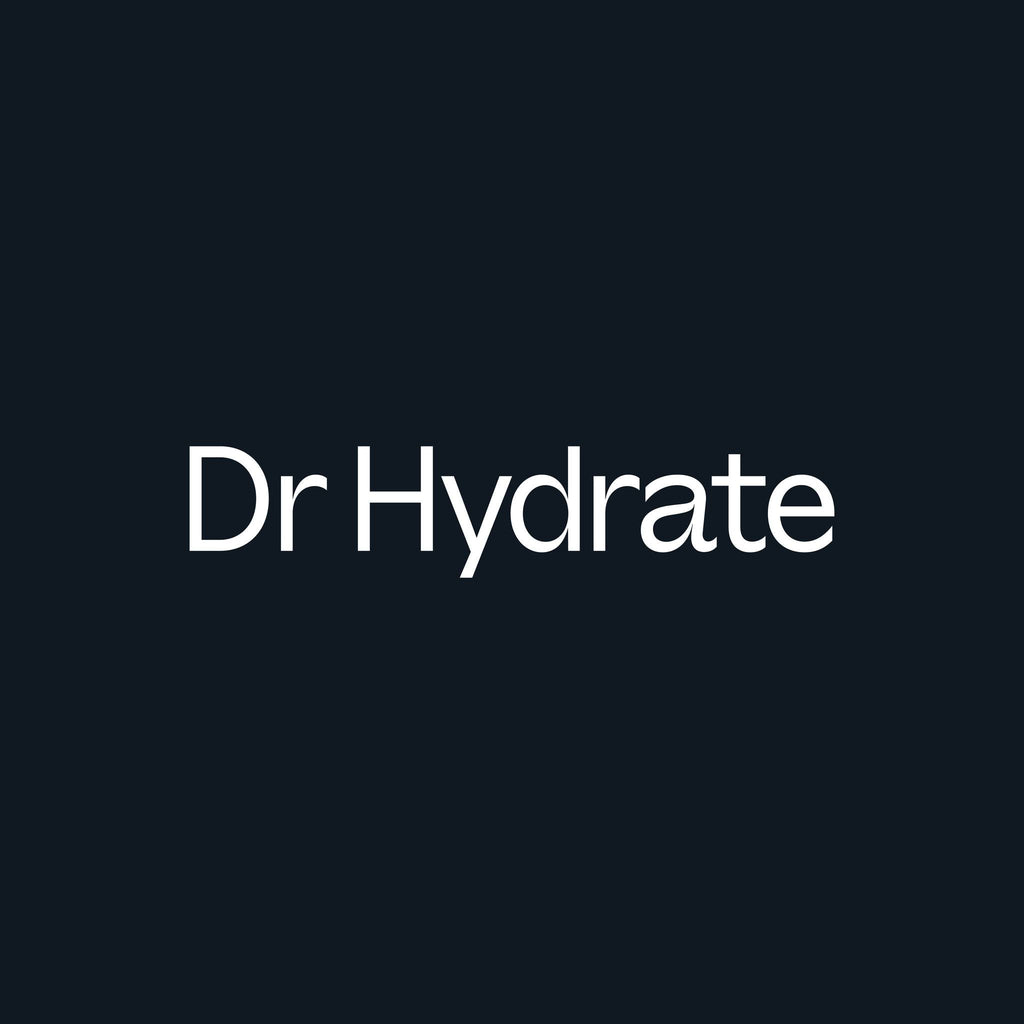 Dr. Hydrate logo in simple white text on black background promoting Green Apple Jar - 30 Serves electrolyte drink mix