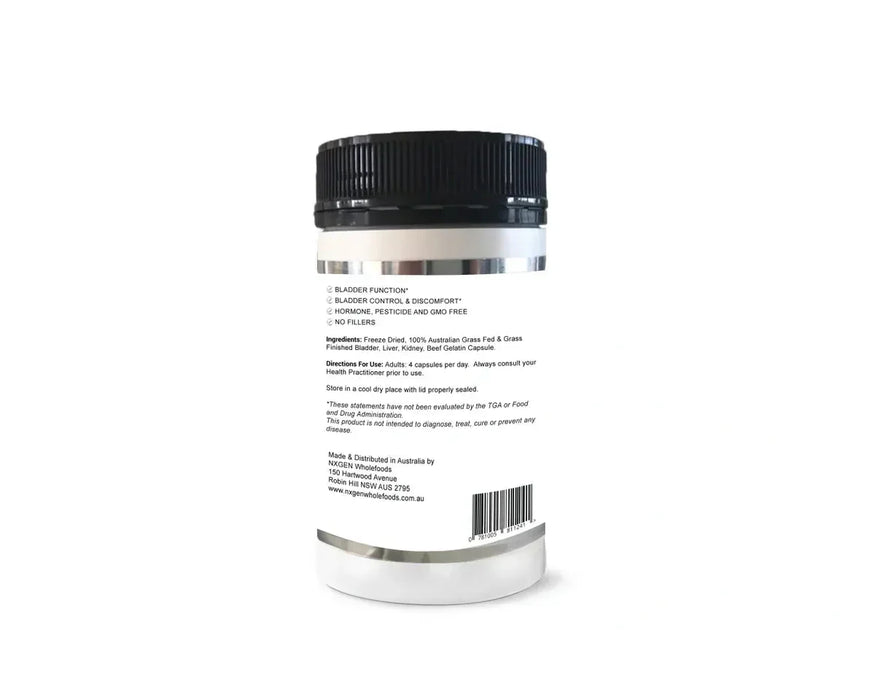 Back label of Grass Fed Bladder - 160 Capsules by NXGEN Wholefoods with ingredient and usage details visible