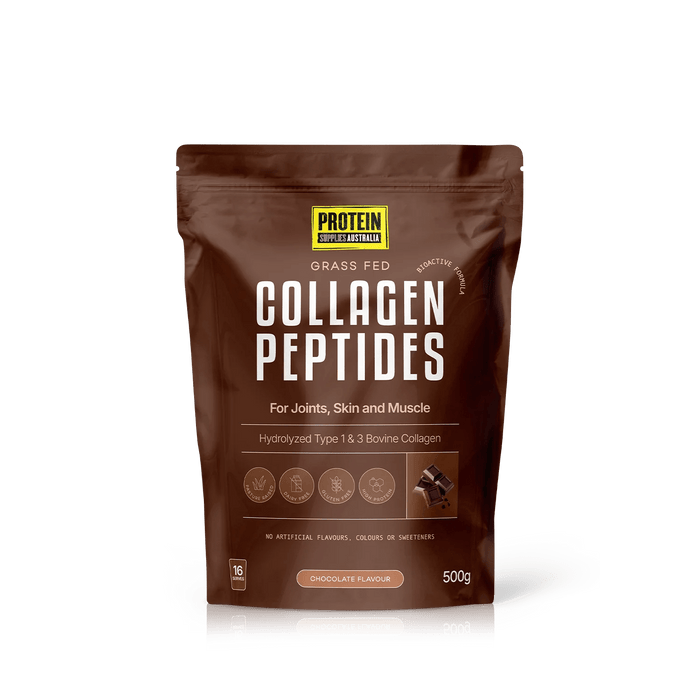 Packaging of Grass Fed Collagen Peptides - Chocolate - 500g by Protein Supplies Australia, highlighting hydrolyzed bovine collagen for joint and skin support.