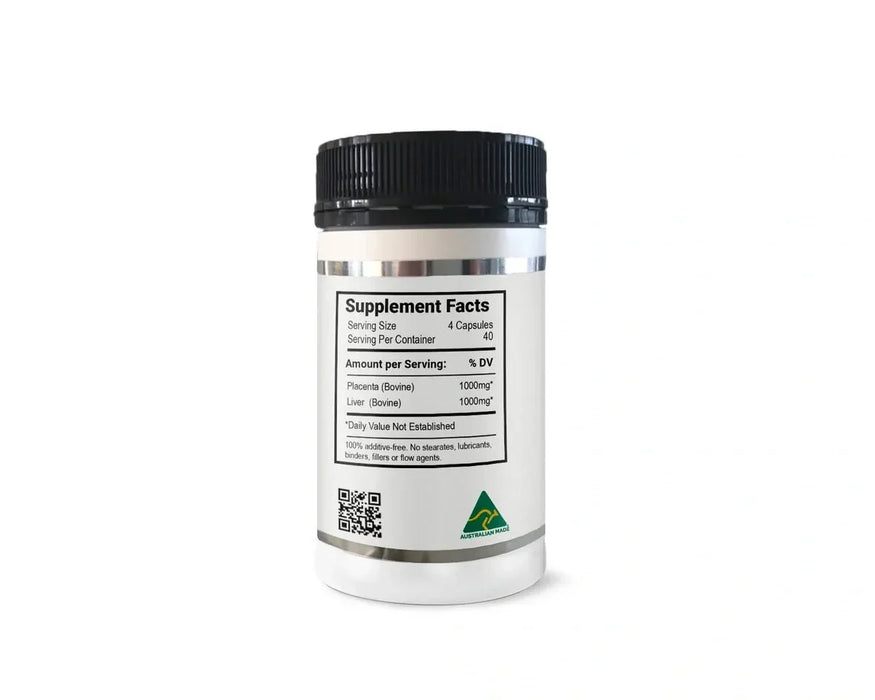 Back label of Grass Fed Placenta 500mg 160 Capsules by NXGEN Wholefoods showing supplement facts and Australian Made logo.