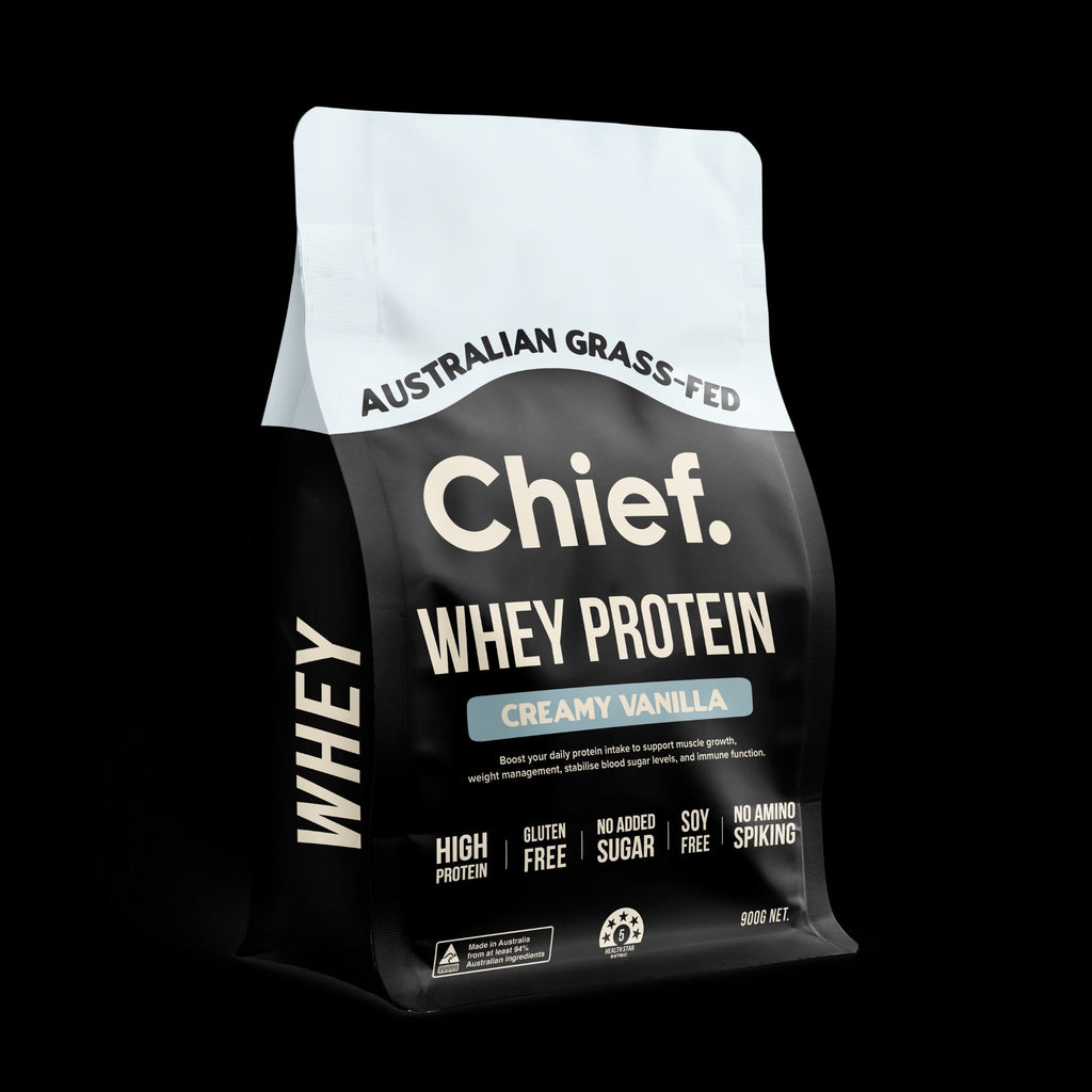 Grass-fed Whey Protein Powder - Creamy Vanilla - 900g by Chief in black and white packaging with nutrition claims visible