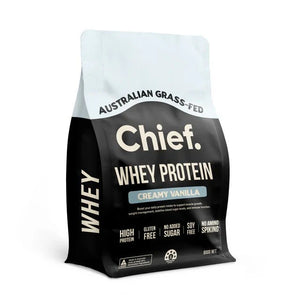 Chief Grass-fed Whey Protein Powder - Creamy Vanilla - 900g pouch highlighting gluten-free and no added sugar benefits
