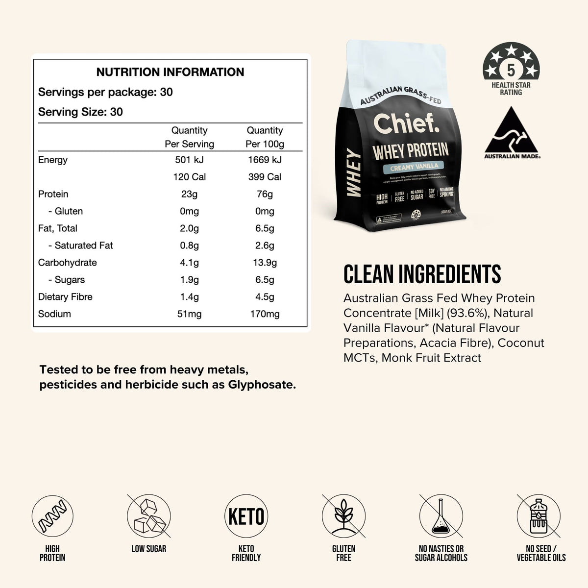 Nutrition facts and clean ingredients for Chief Grass-fed Whey Protein Powder - Creamy Vanilla - 900g in health-focused packaging