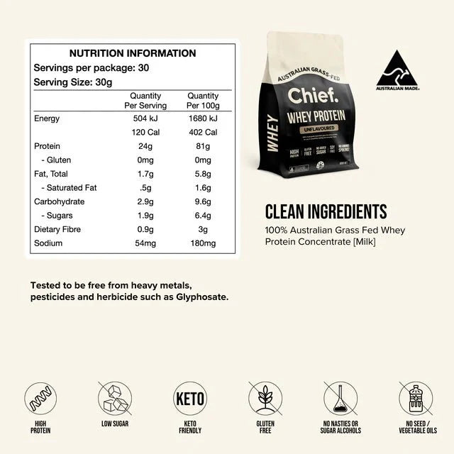 Grass-fed Whey Protein Powder - Unflavoured - 900g by Chief with nutrition facts and clean ingredients details.