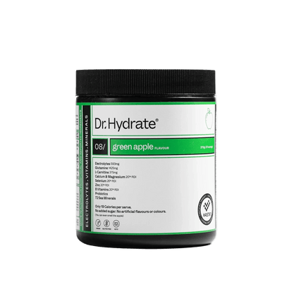 Green Apple Jar - 30 Serves by Dr. Hydrate, electrolyte drink powder in black jar with green label and black lid.