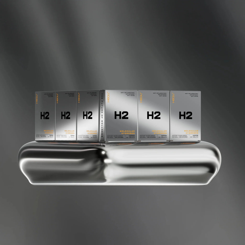 H2 Hydrogen Water - Unflavoured - 30 Tablets by Healr displayed with metallic silver packaging on reflective surface