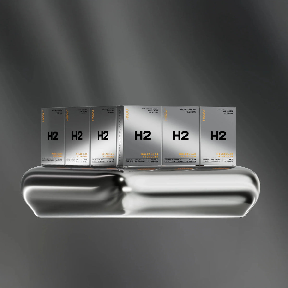 H2 Hydrogen Water - Unflavoured - 30 Tablets by Healr displayed with metallic silver packaging on reflective surface