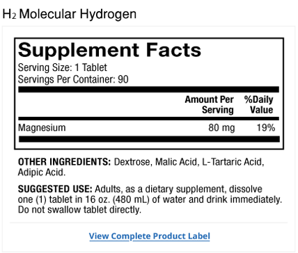 Supplement facts for H2 Molecular Hydrogen - 80 mg - 90 Tablets by Dr. Mercola showing magnesium content and usage instructions.