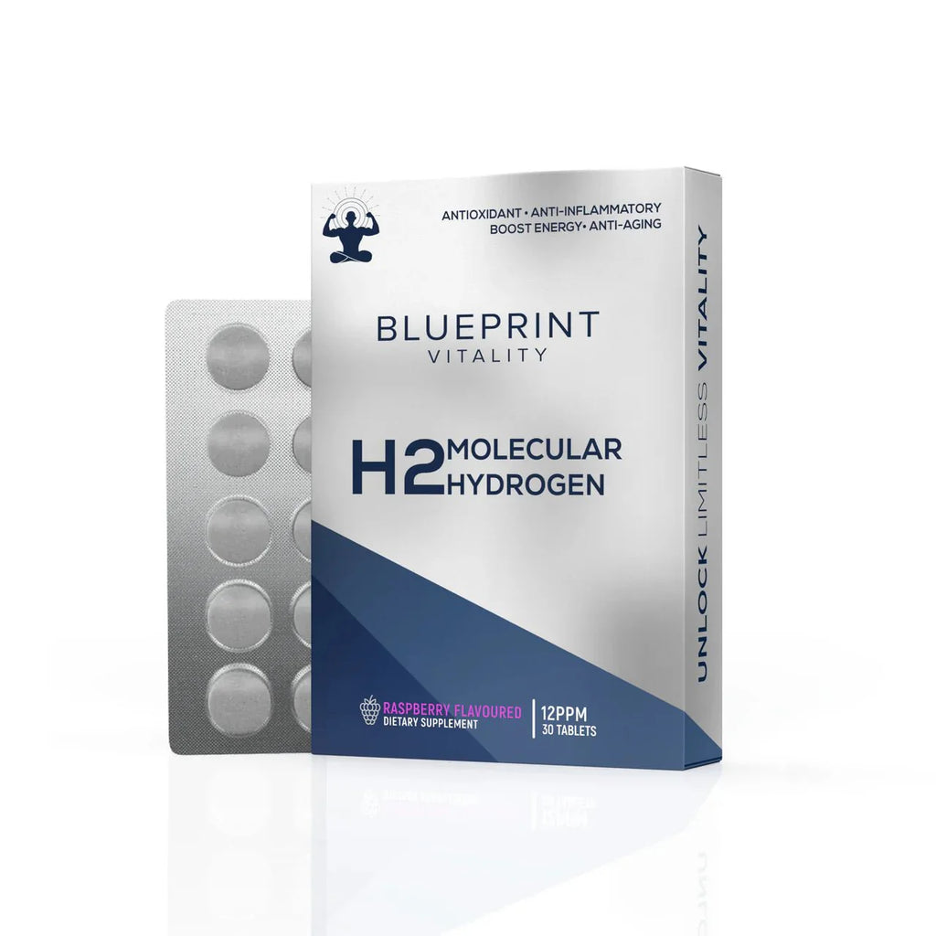 H2 Molecular Hydrogen - Raspberry - 12ppm - 30 Tablets by Blueprint Vitality in white and navy packaging with blister pack visible