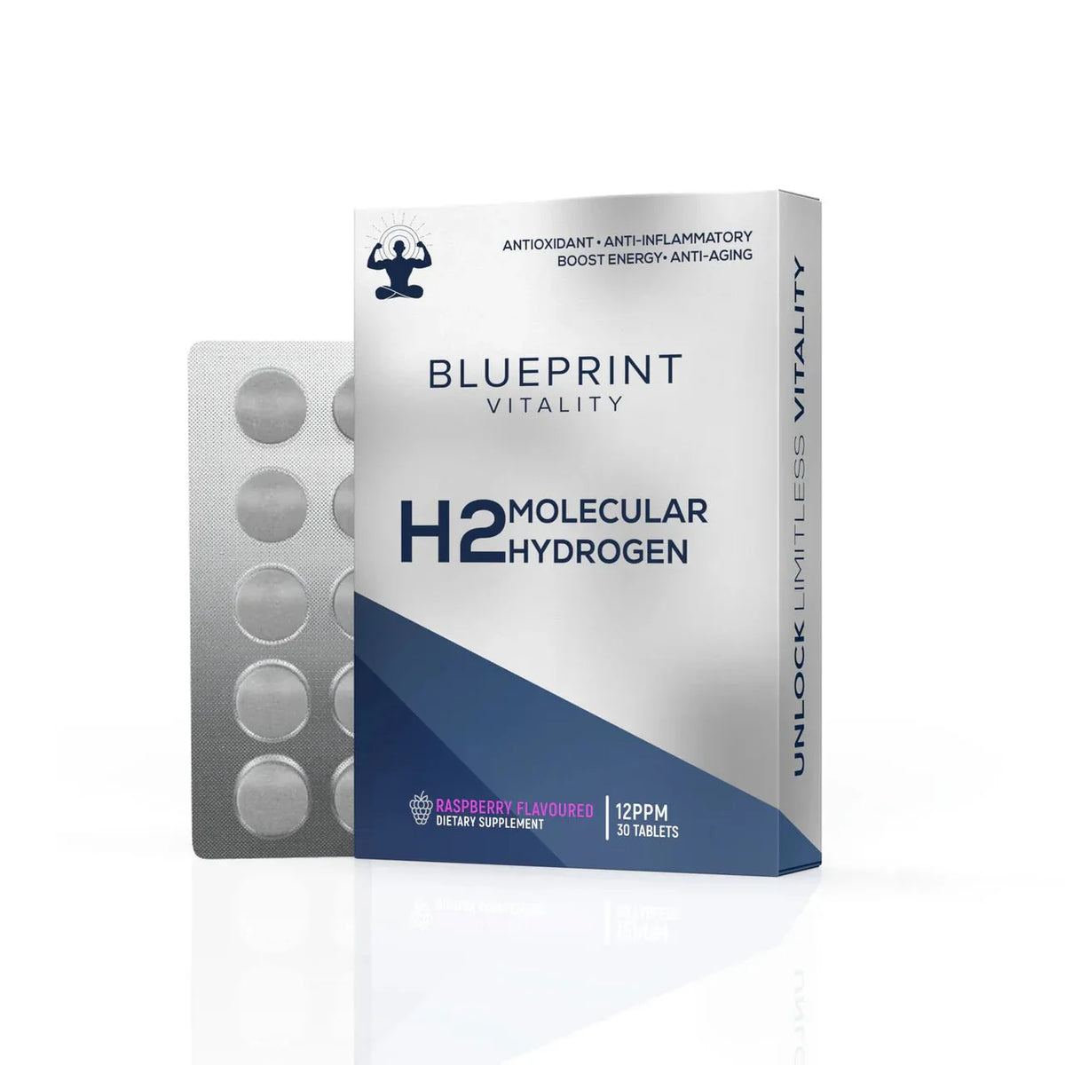 H2 Molecular Hydrogen - Raspberry - 12ppm - 30 Tablets by Blueprint Vitality in white and navy packaging with blister pack visible