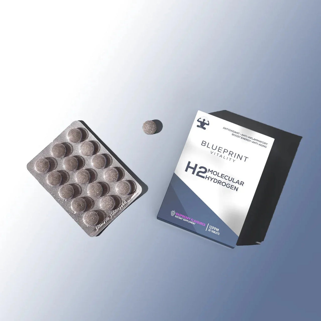 H2 Molecular Hydrogen - Raspberry - 12ppm - 30 Tablets by Blueprint Vitality with blister pack and single tablet displayed