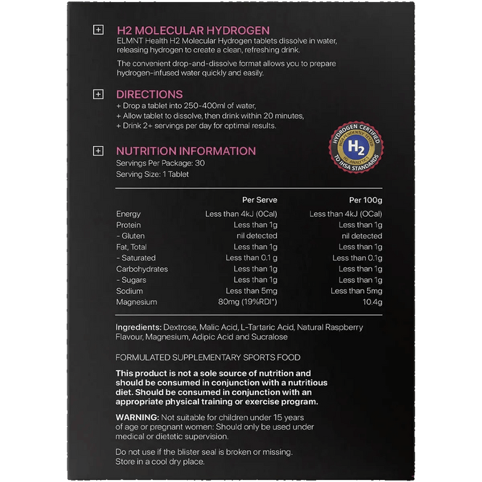 Back of ELMNT H2 Molecular Hydrogen Water Tablets Berry - 30pk packaging showing directions, nutrition facts, and ingredients for New Arrivals and Low Carb collections.
