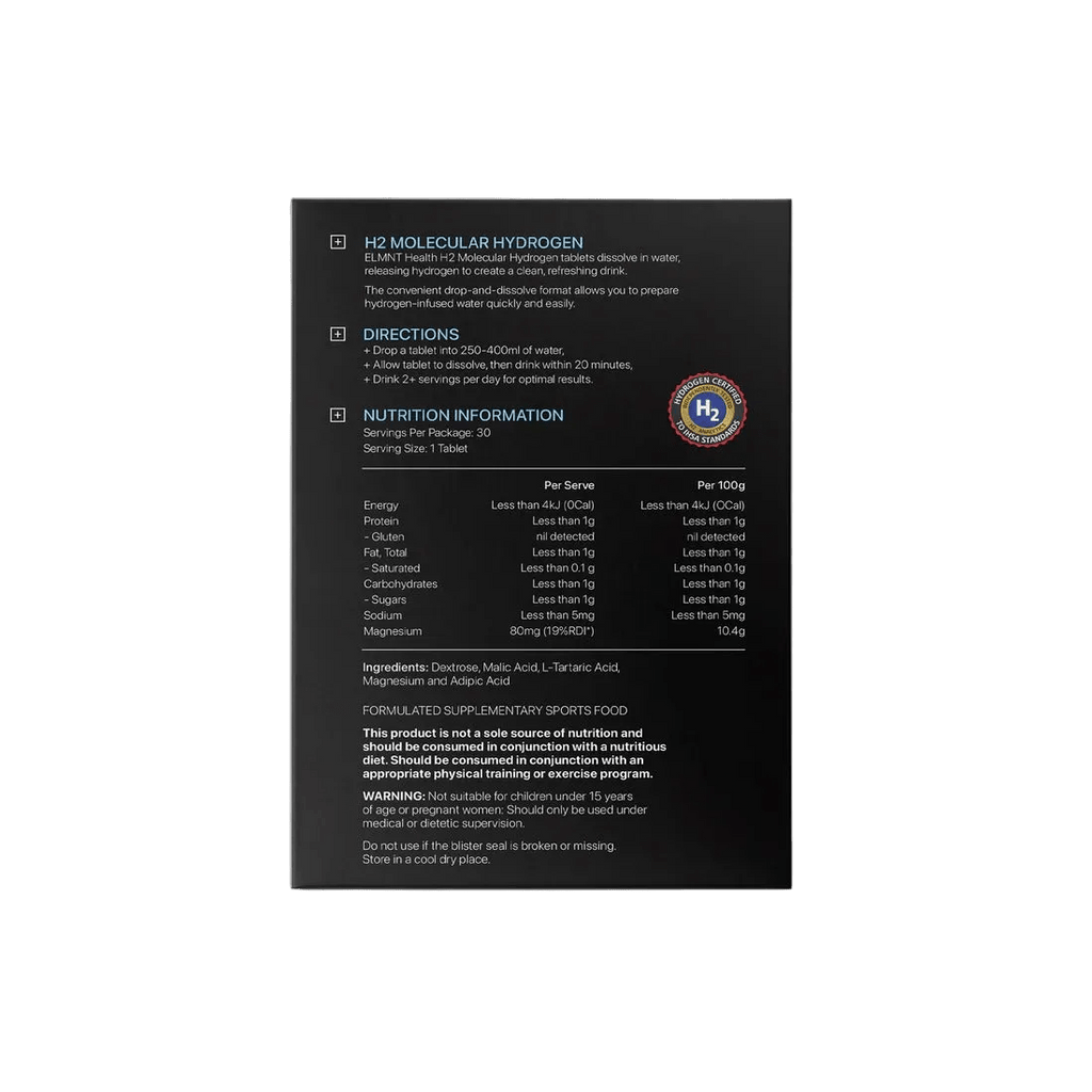 Back of ELMNT H2 Molecular Hydrogen Water Tablets Natural - 30pk box displaying directions and nutrition info, part of OOS Deals.