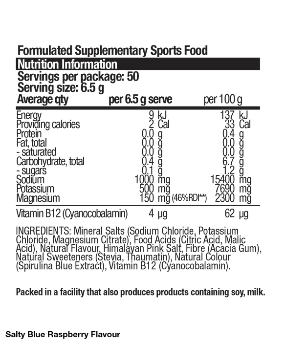 Nutrition information label for a formulated supplementary sports food product.