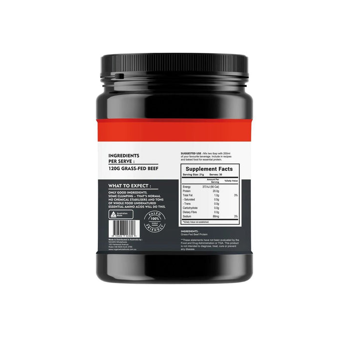 Back label of Hydro Beef Isolate Protein - Australian Grass Fed - 630g by NXGEN Wholefoods showing ingredients and nutrition facts.