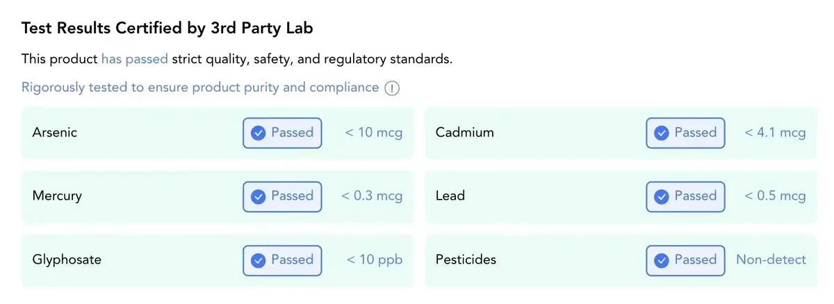 Test results for IGNITE - Support for Metabolic Health - 160 Capsules by NXGEN Wholefoods showing safety compliance with arsenic, mercury, glyphosate, cadmium, lead, and pesticides passed.