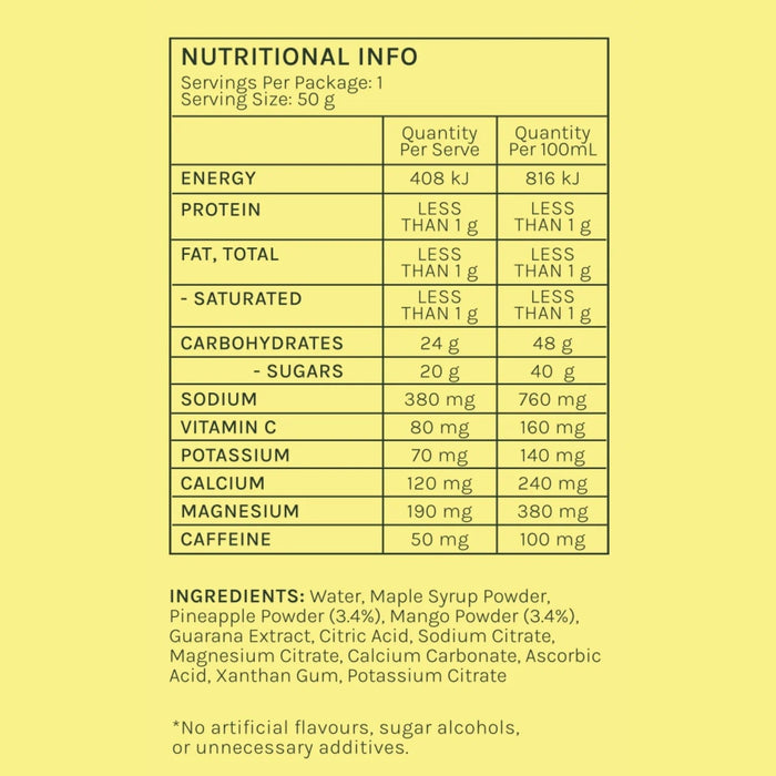 Nutritional info and ingredients for Tropical – Caffeinated Energy Gel - 6 Sachets by Sunday Salt, Drinks and Electrolytes.