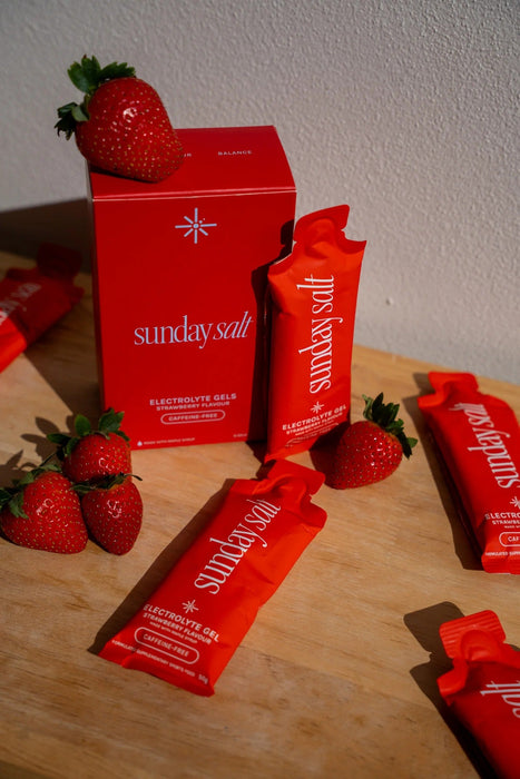 Strawberry – Caffeine-Free Energy Gel - 50g by Sunday Salt with fresh strawberries, from Drinks and Electrolytes collections.