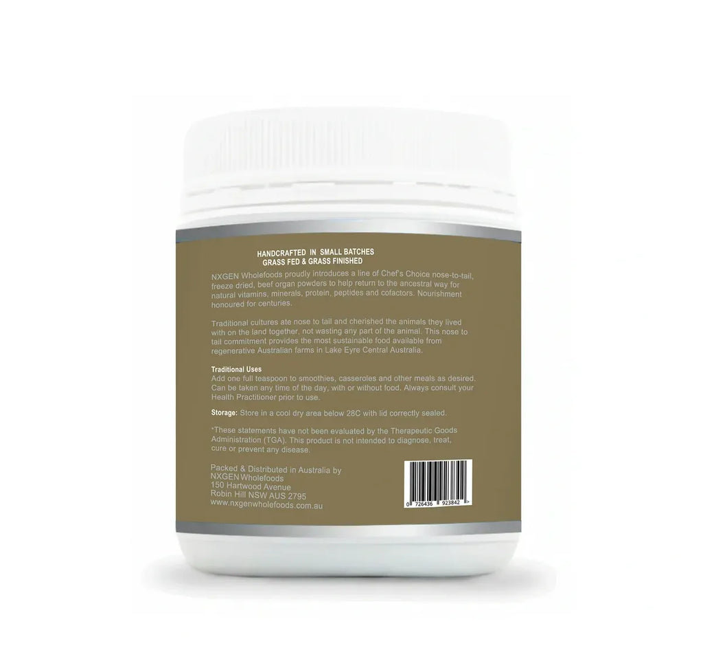 Back label of Organic Bull Testicle Powder - 60g by NXGEN Wholefoods, showing product details and usage info.