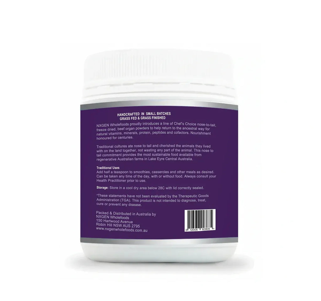 White container of Organic Beef Spleen Powder - 100g by NXGEN Wholefoods, featuring product details on purple label.