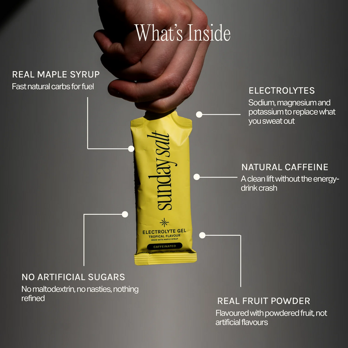 Hand holding Sunday Salt Tropical – Caffeinated Energy Gel - 6 Sachets in yellow packaging with ingredients and benefits listed around it