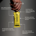 Hand holding Sunday Salt Tropical – Caffeinated Energy Gel - 6 Sachets in yellow packaging with ingredients and benefits listed around it