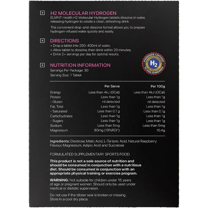 Back of ELMNT H2 Molecular Hydrogen Water Tablets Berry - 30pk packaging showing directions, nutrition facts, and ingredients for New Arrivals and Low Carb collections.